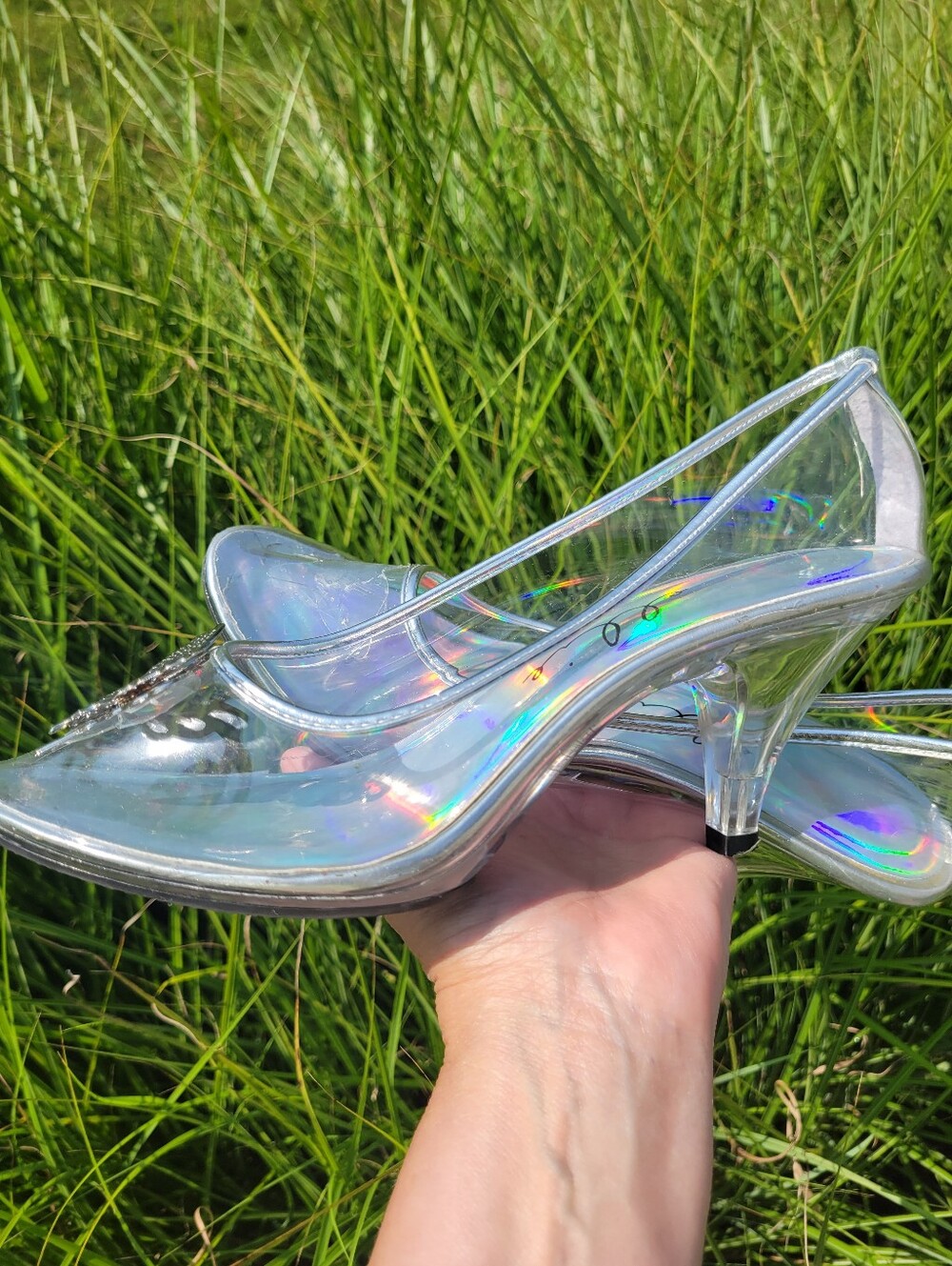 Ellie Cinderella Princess Wedding Shoes Sz 9 Clear 3" Heel Silver Butterfly